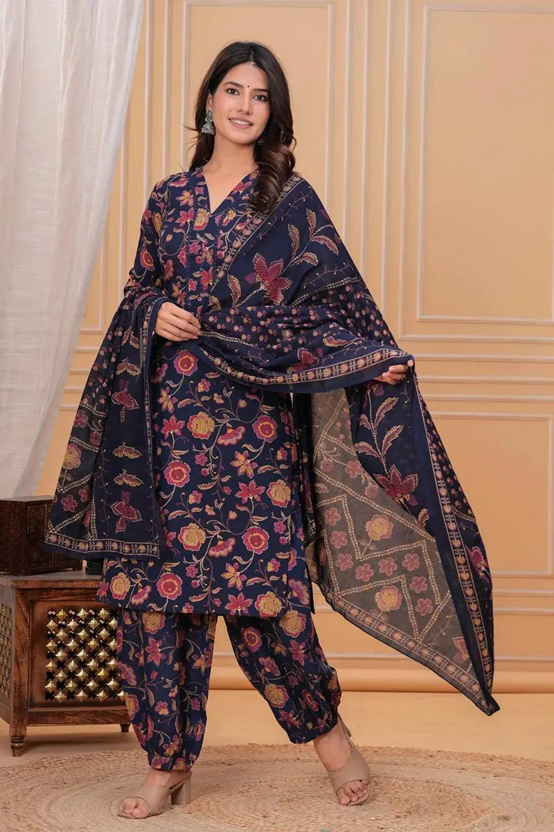 Navy Blue Floral Printed Cotton Kurta Set with Print Dupatta KSF