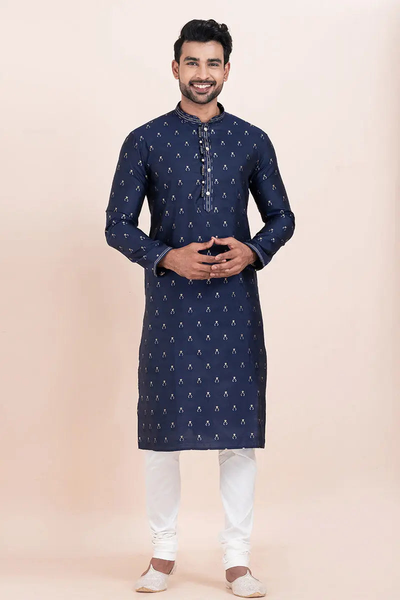 Navy Blue & White Cotton Jacquard Printed Kurta Pajama Set - Traditional Wear RTI