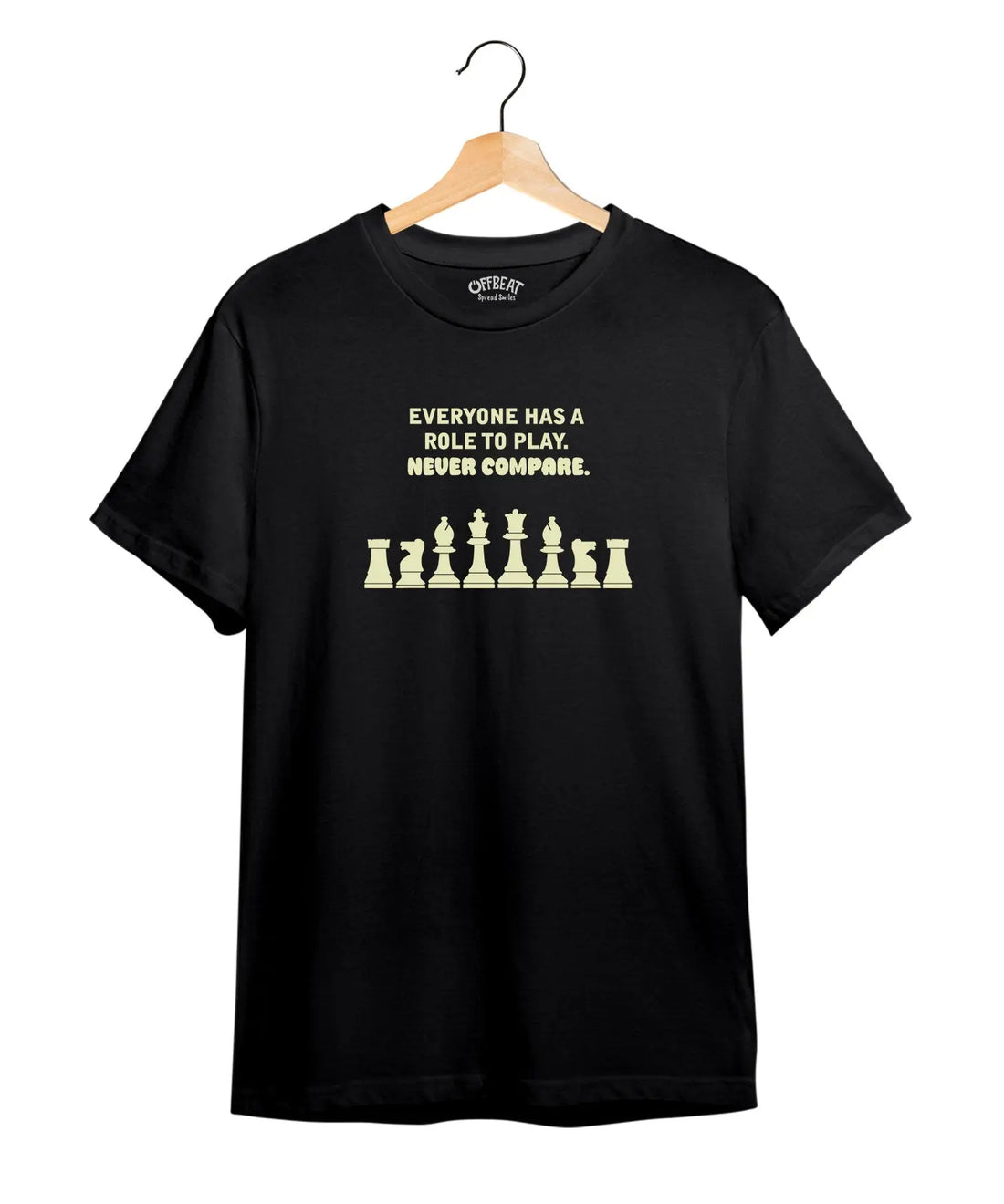 "Never Compare" Printed T-Shirt – Premium Round Neck - Black and Sunflower Yellow - 100% Cotton Offbeat