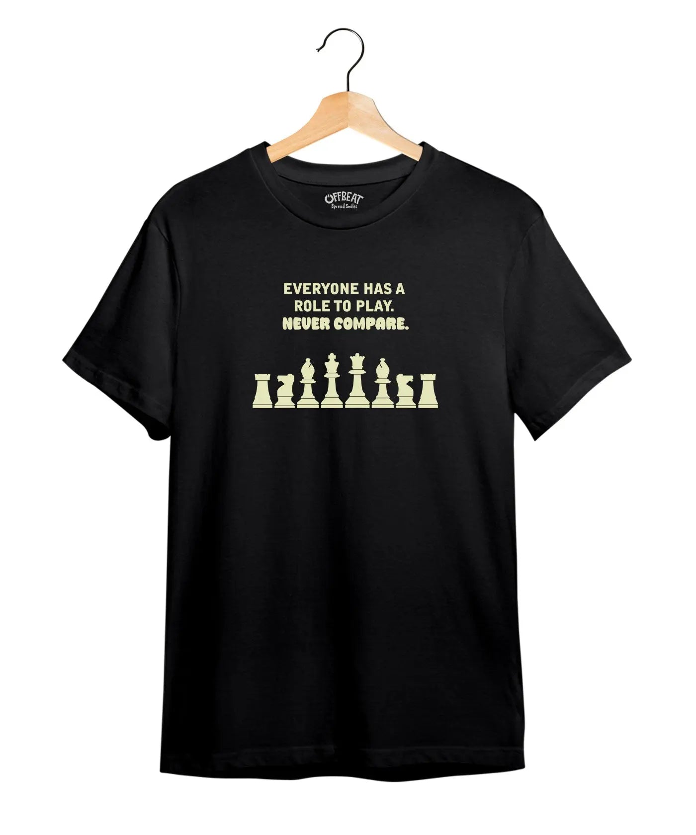 "Never Compare" Printed T-Shirt – Premium Round Neck - Black and Sunflower Yellow - 100% Cotton Offbeat