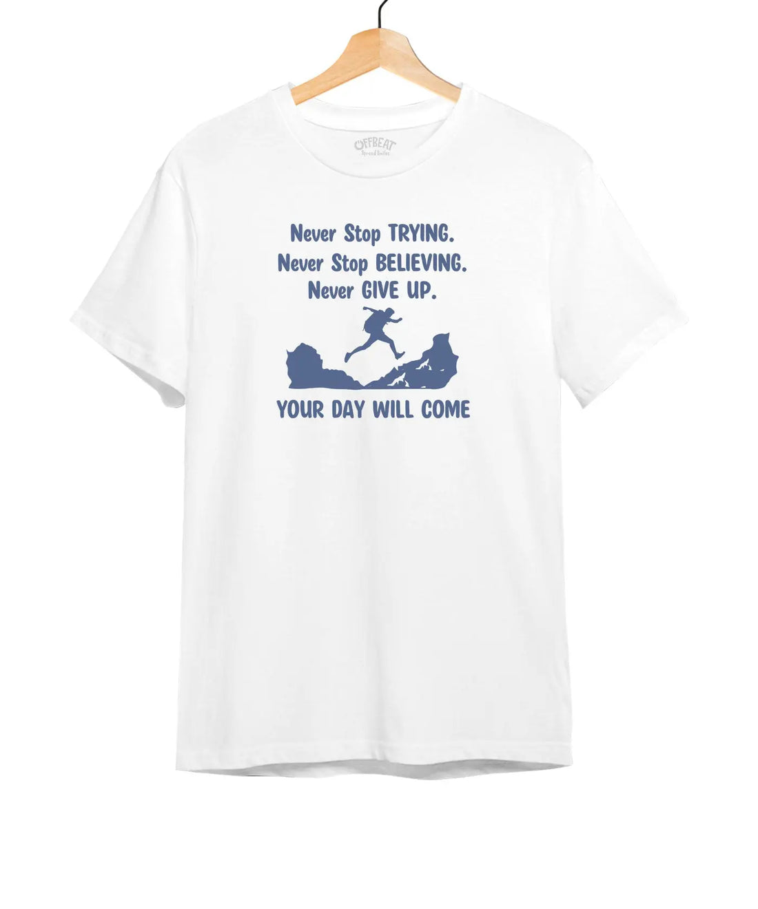 "Never Give Up" Printed T-Shirt – Premium Round Neck - Maroon and White - 100% Cotton Offbeat