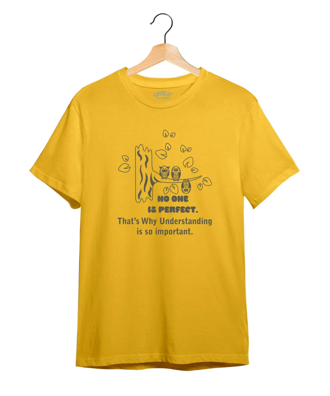"No One Is Perfect" Printed T-Shirt – Premium Round Neck - Sunflower Yellow and Maroon - 100% Cotton Offbeat