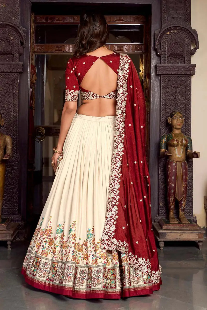 Off White & Maroon Embroidered Silk Lehenga Set with Zari Detailing RTI