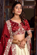 Off White & Maroon Embroidered Silk Lehenga Set with Zari Detailing RTI