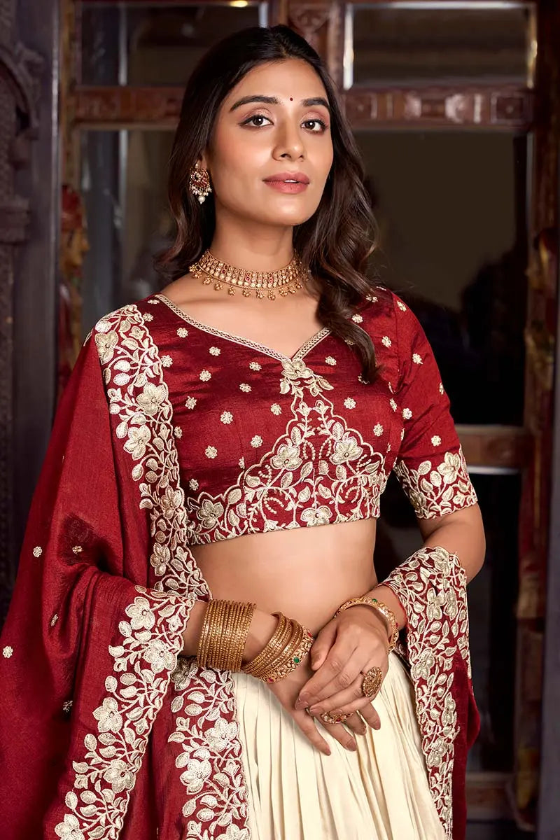 Off White & Maroon Embroidered Silk Lehenga Set with Zari Detailing RTI