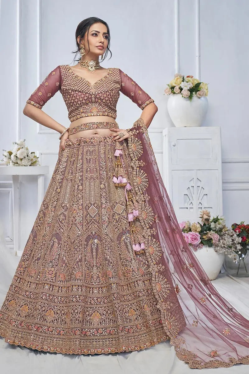 Onion Pink Heavy Embroidered Bridal Lehenga with Mirror & Zari Detailing KSR
