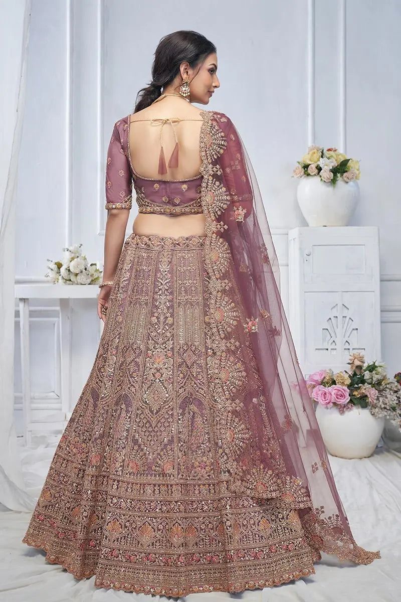Onion Pink Heavy Embroidered Bridal Lehenga with Mirror & Zari Detailing KSR