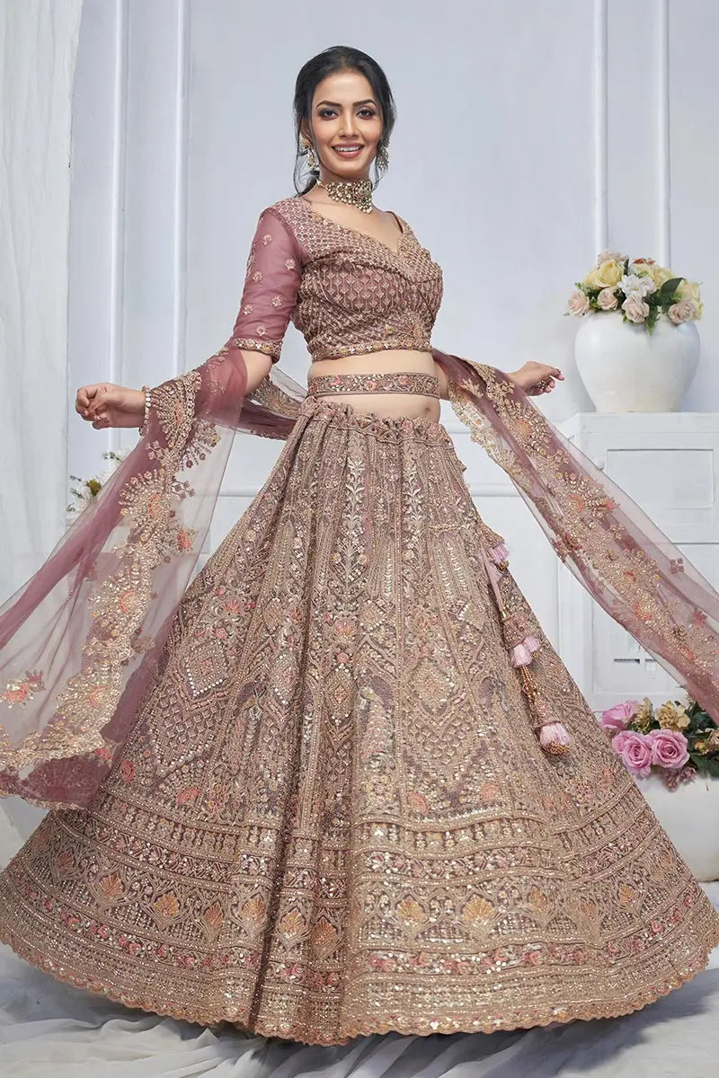 Onion Pink Heavy Embroidered Bridal Lehenga with Mirror & Zari Detailing KSR