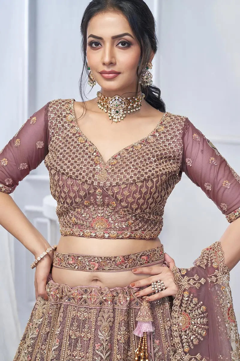 Onion Pink Heavy Embroidered Bridal Lehenga with Mirror & Zari Detailing KSR