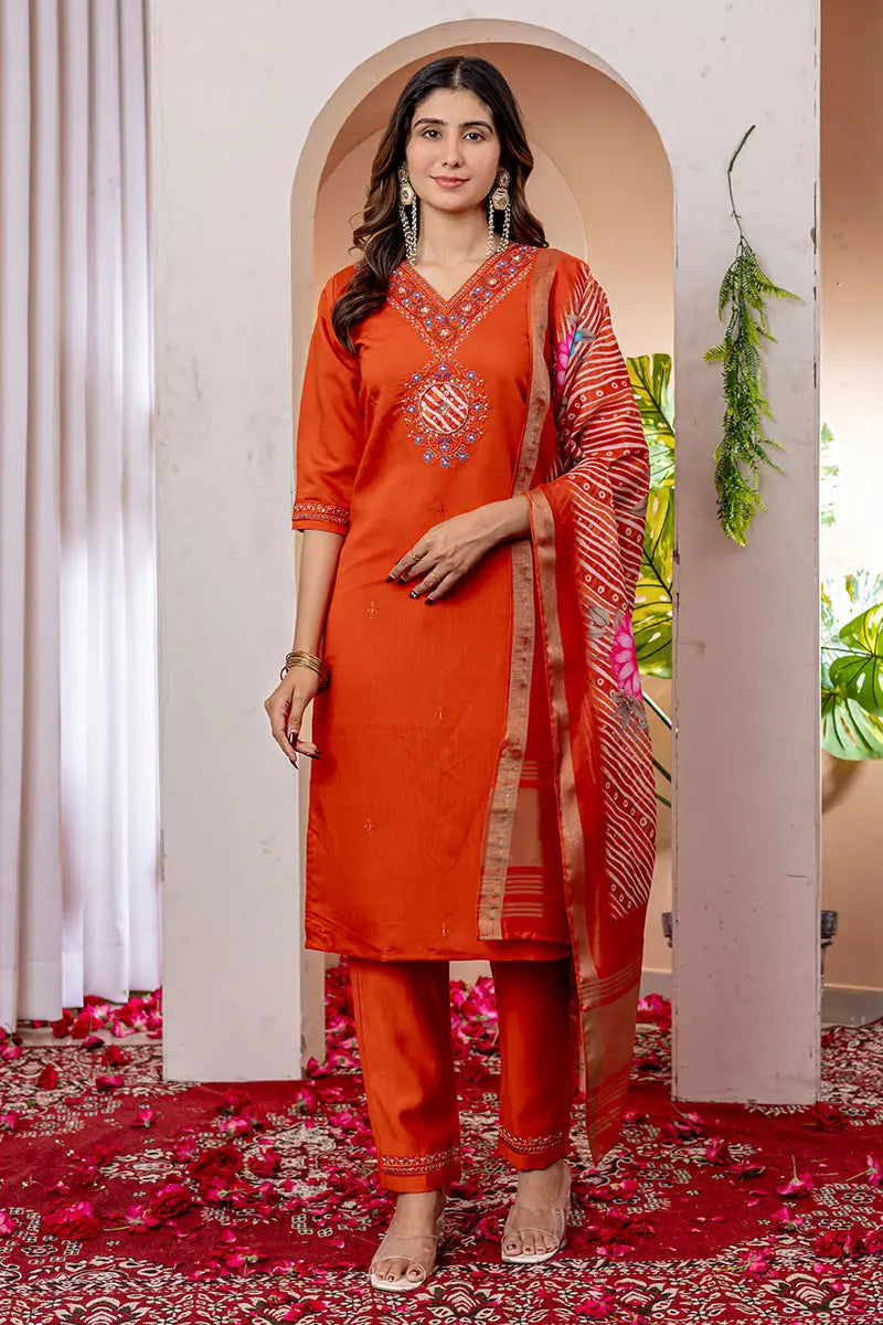 Orange Emerald Elegance Embroidered Suit with Floral Dupatta PR