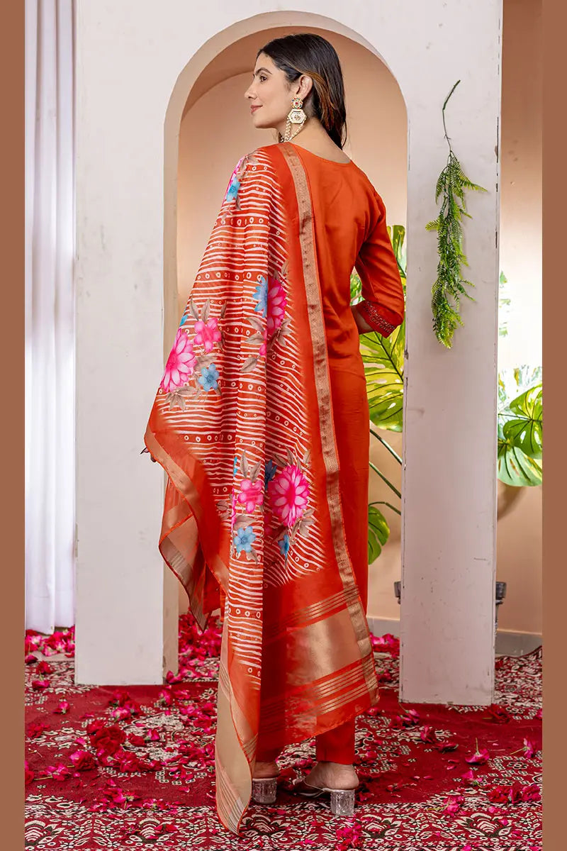 Orange Emerald Elegance Embroidered Suit with Floral Dupatta PR