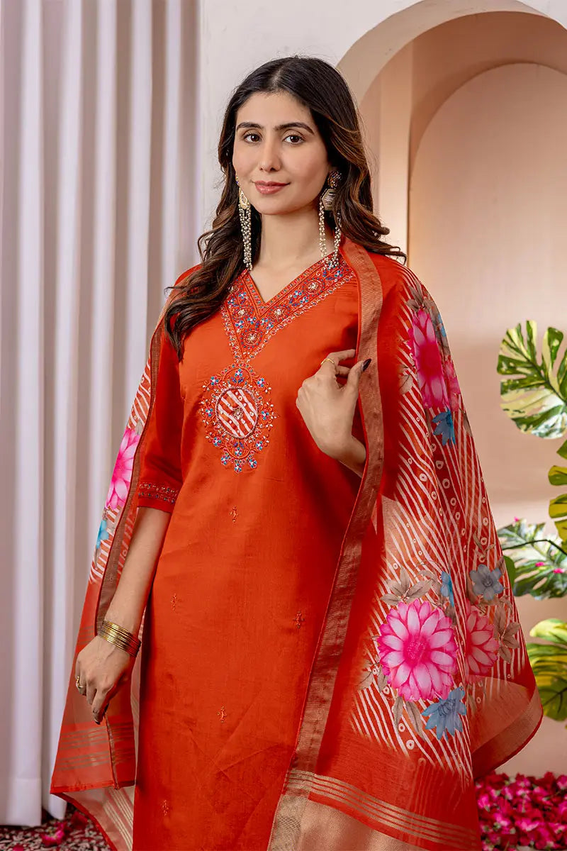 Orange Emerald Elegance Embroidered Suit with Floral Dupatta PR