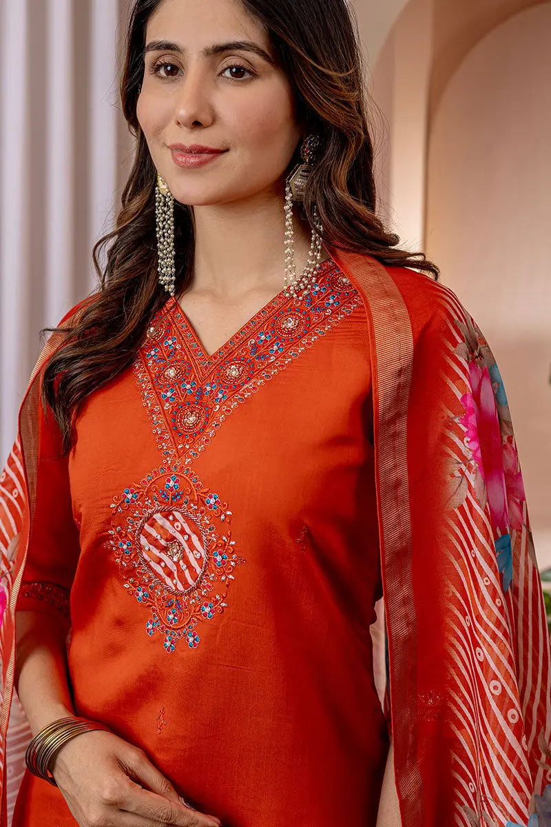 Orange Emerald Elegance Embroidered Suit with Floral Dupatta PR