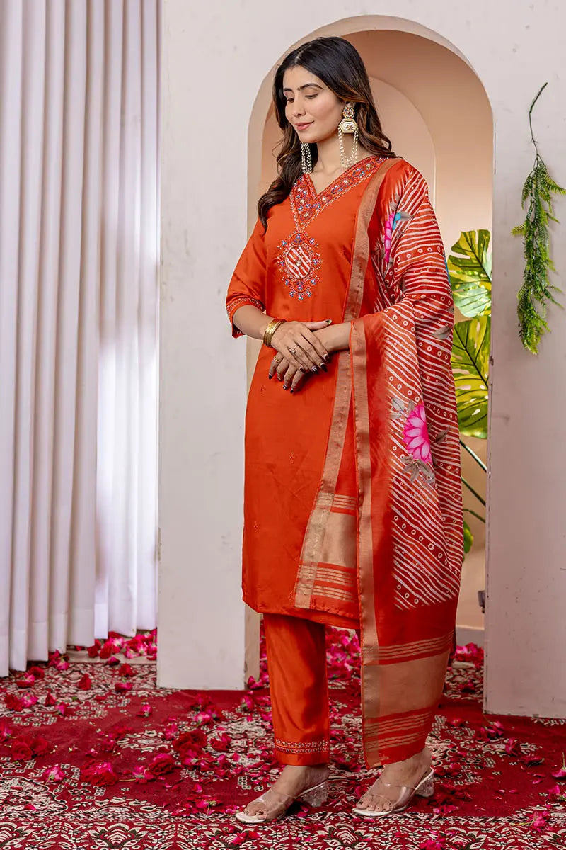 Orange Emerald Elegance Embroidered Suit with Floral Dupatta PR