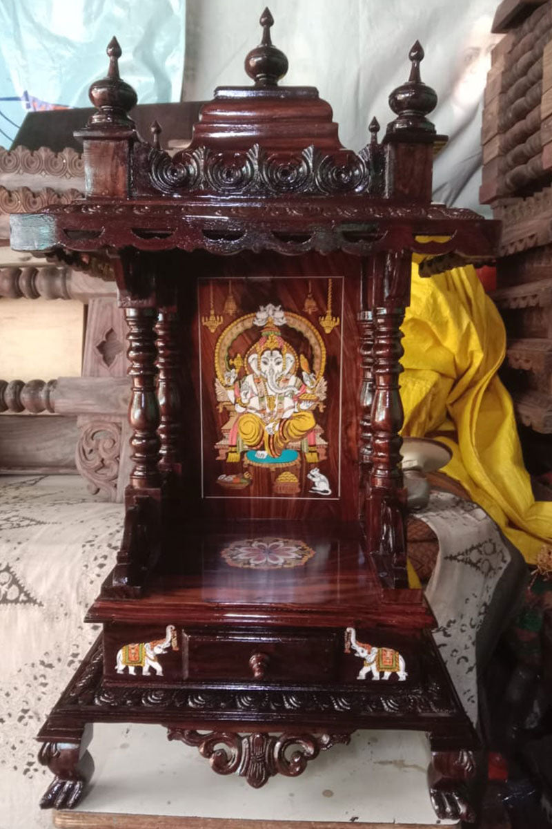 Handcrafted Wooden Mandir with Intricate Carvings and Storage Drawer MYR