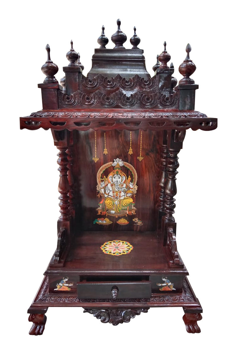 Intricately Inlaid Wooden Mandir with Ganesha Painting & Drawer MYR