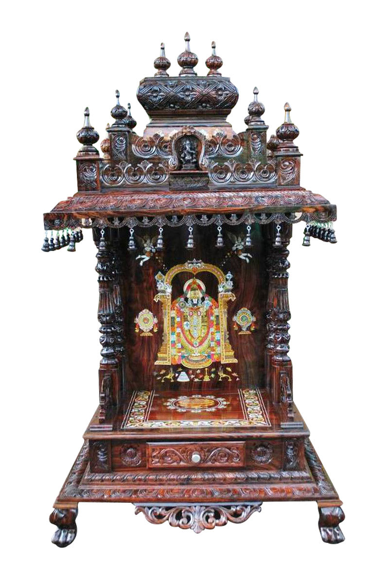 Large Hand-Carved Rosewood Pooja Mandir with Drawer MYR