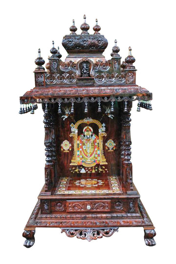 Large Hand-Carved Rosewood Pooja Mandir with Drawer MYR