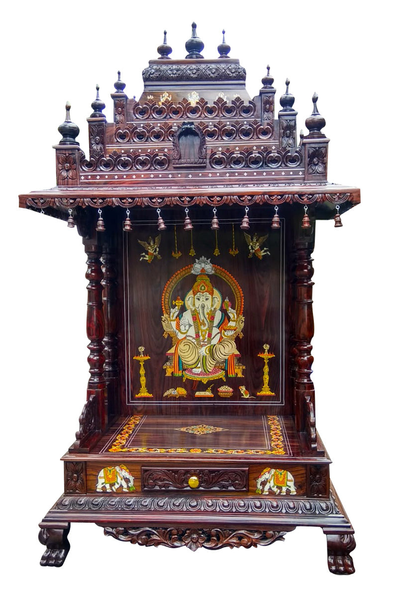 Hand Carved Wooden Pooja Bench with Symbols & Drawer-Traditional Hindu Mandir Bench MYR