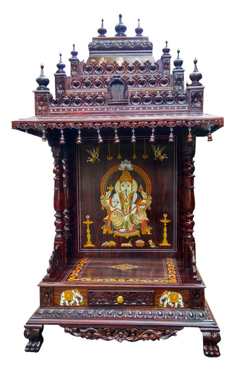 Hand Carved Wooden Pooja Bench with Symbols & Drawer-Traditional Hindu Mandir Bench MYR