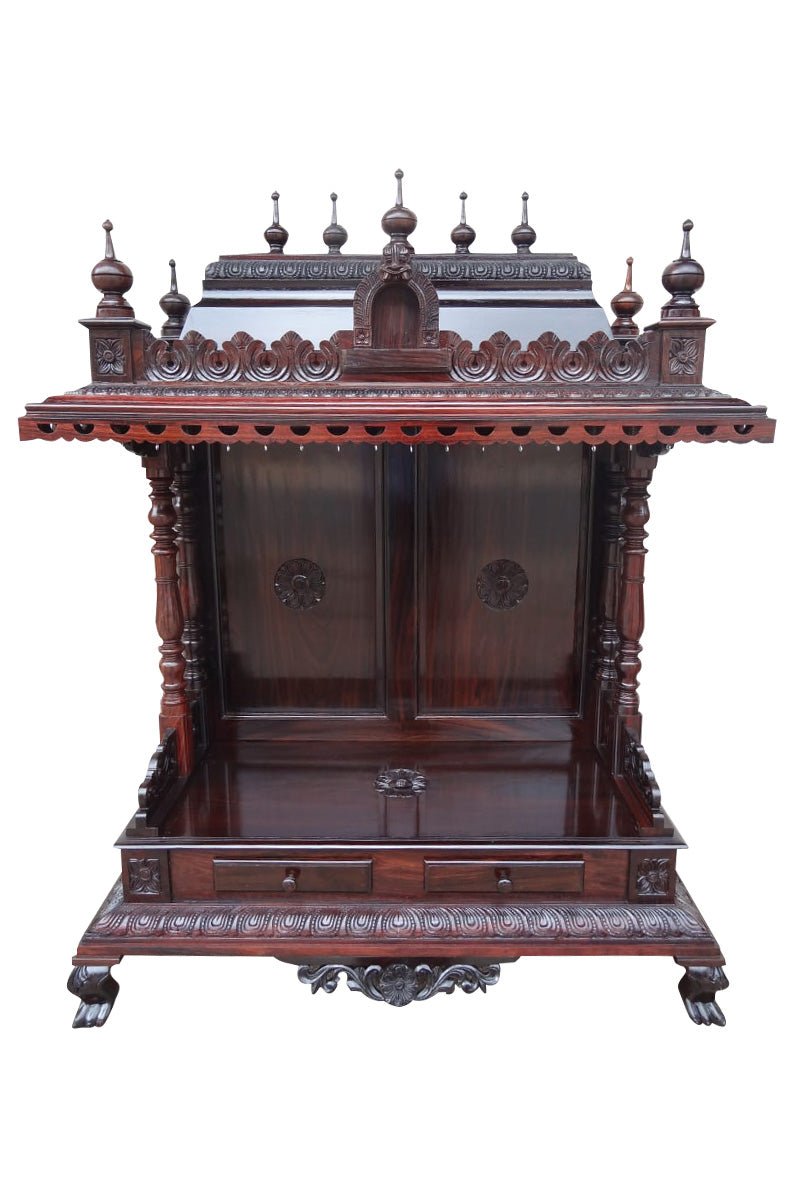Hand-Carved Wooden Pooja Mandir with Bells & Drawer – Traditional Home Temple MYR