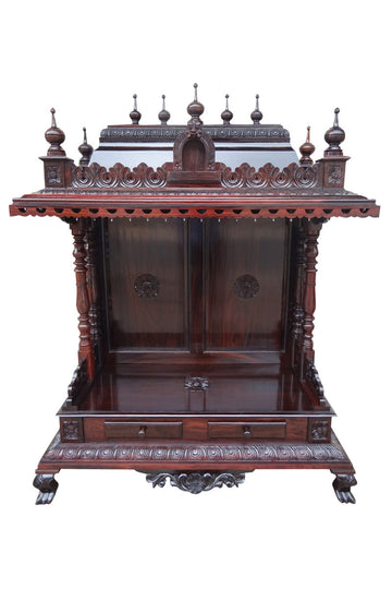 Hand-Carved Wooden Pooja Mandir with Bells & Drawer – Traditional Home Temple MYR