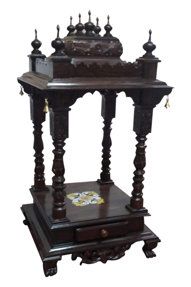 Wooden Pooja Mandir with Bells & Drawer – Traditional Home Temple MYR