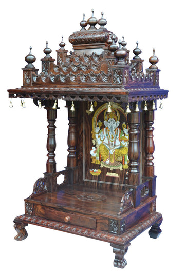 Hand-Carved Double Door Wooden Pooja Mandir Cabinet Traditional Floor-Standing Temple MYR