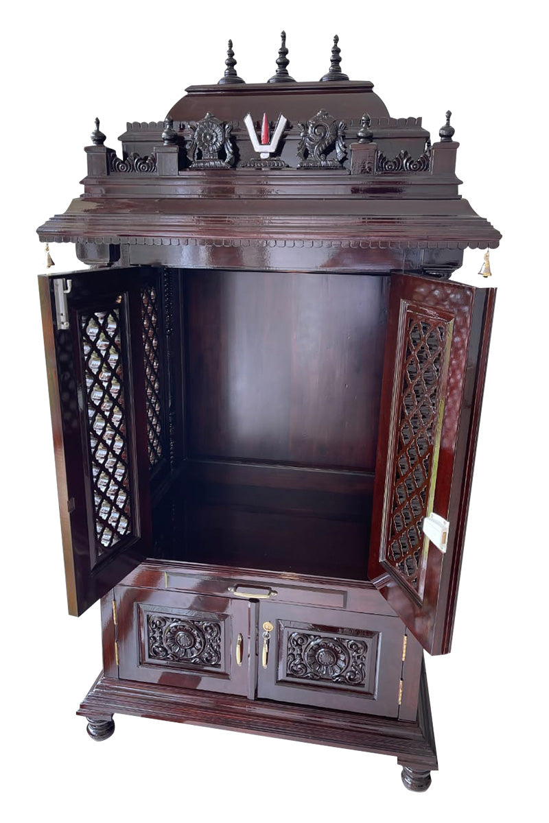 Solid Wood Double-Door Pooja Mandir Cabinet with Drawer & Ornate Carvings MYR