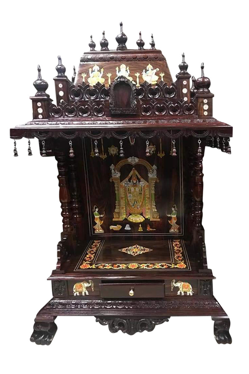 Handcrafted Rosewood Triple Step Gopuram Pooja Mandir with Ganesha Inlay, Brass Bells & Drawer (Copy) MYR