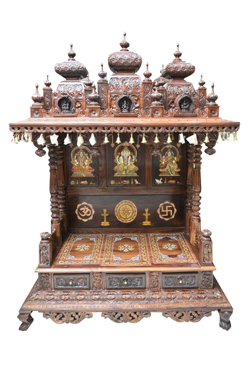 Handcrafted Wooden Pooja Mandir with Om Symbol & Drawer MYR
