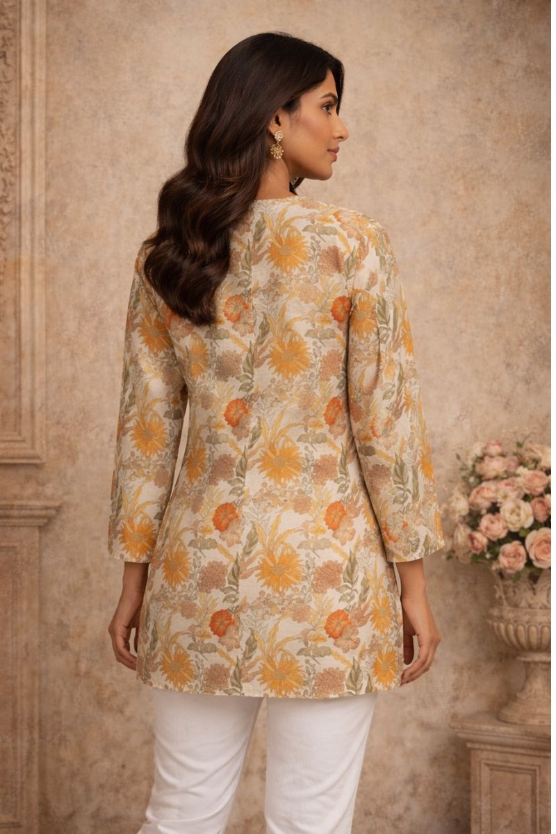 White Floral Digital Print Maslin Silk Kurti Top with Bell Sleeves RTI