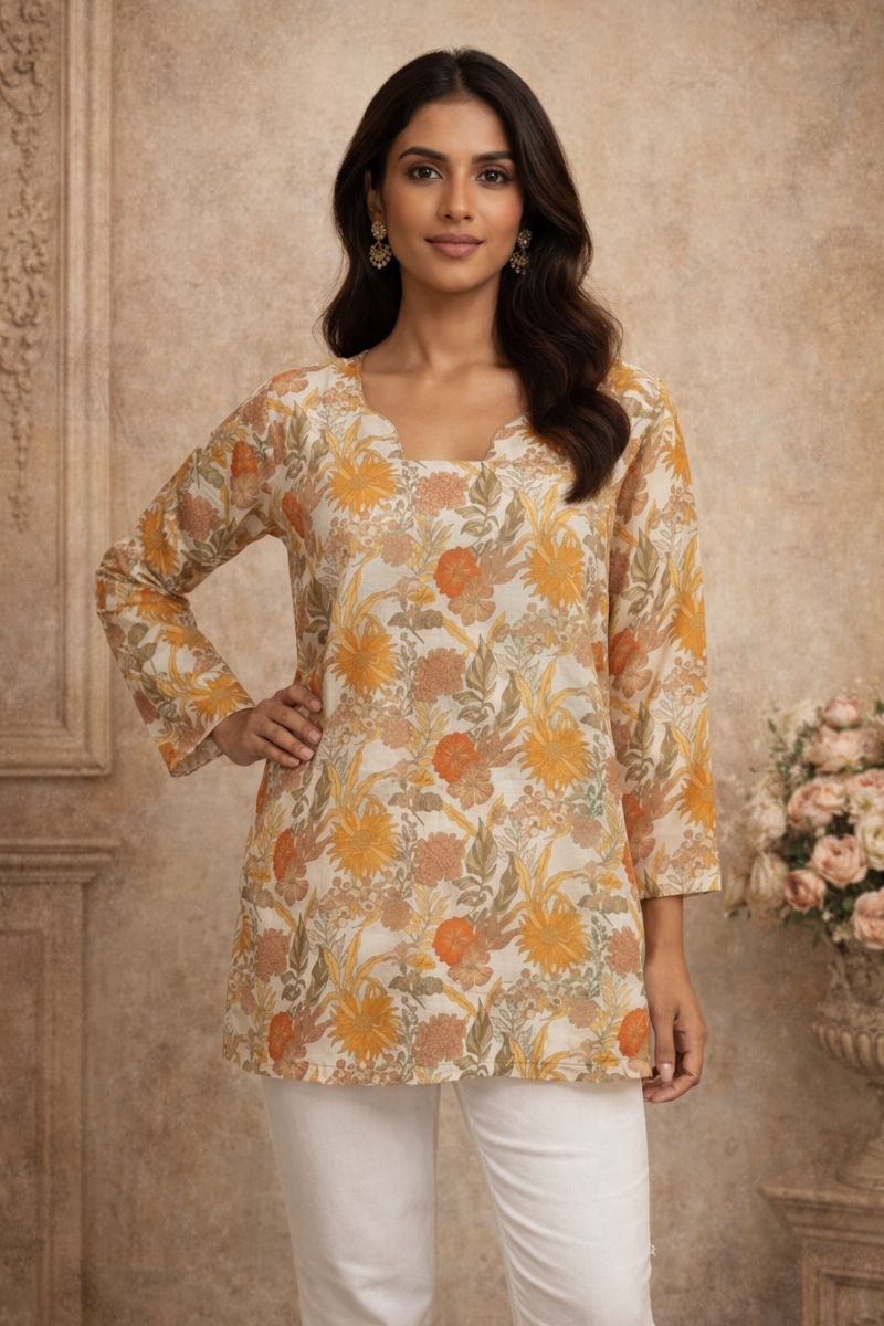 White Floral Digital Print Maslin Silk Kurti Top with Bell Sleeves RTI