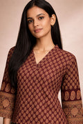 Coffee Brown Ajrakh Block Print Cotton Short Kurti Top with Designer Sleeves RTI