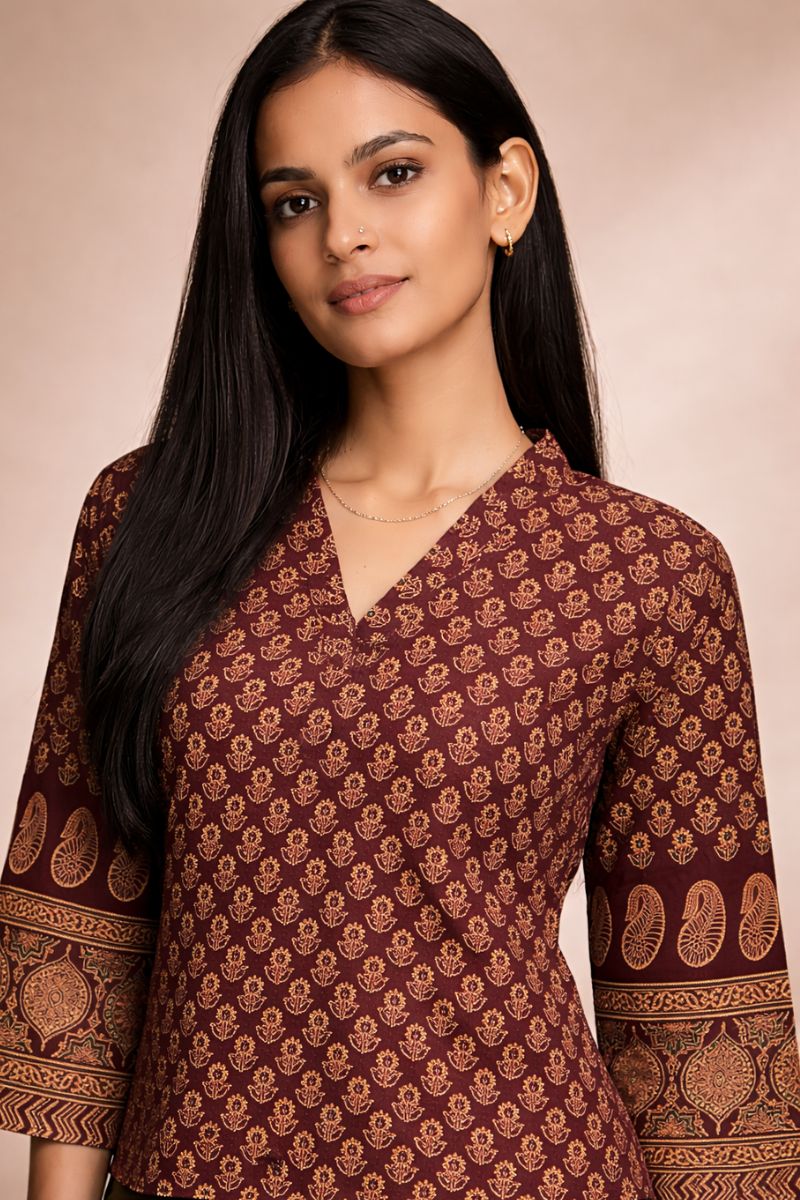 Coffee Brown Ajrakh Block Print Cotton Short Kurti Top with Designer Sleeves RTI