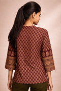 Coffee Brown Ajrakh Block Print Cotton Short Kurti Top with Designer Sleeves RTI