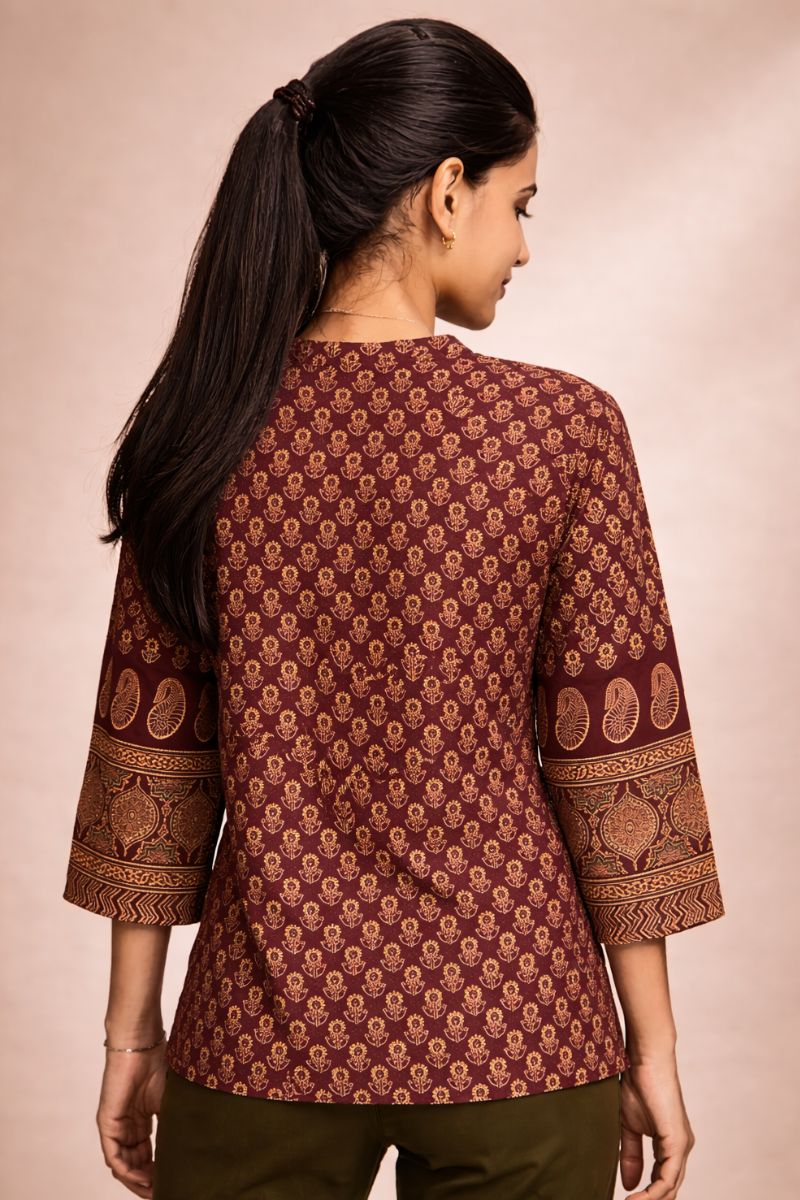 Coffee Brown Ajrakh Block Print Cotton Short Kurti Top with Designer Sleeves RTI