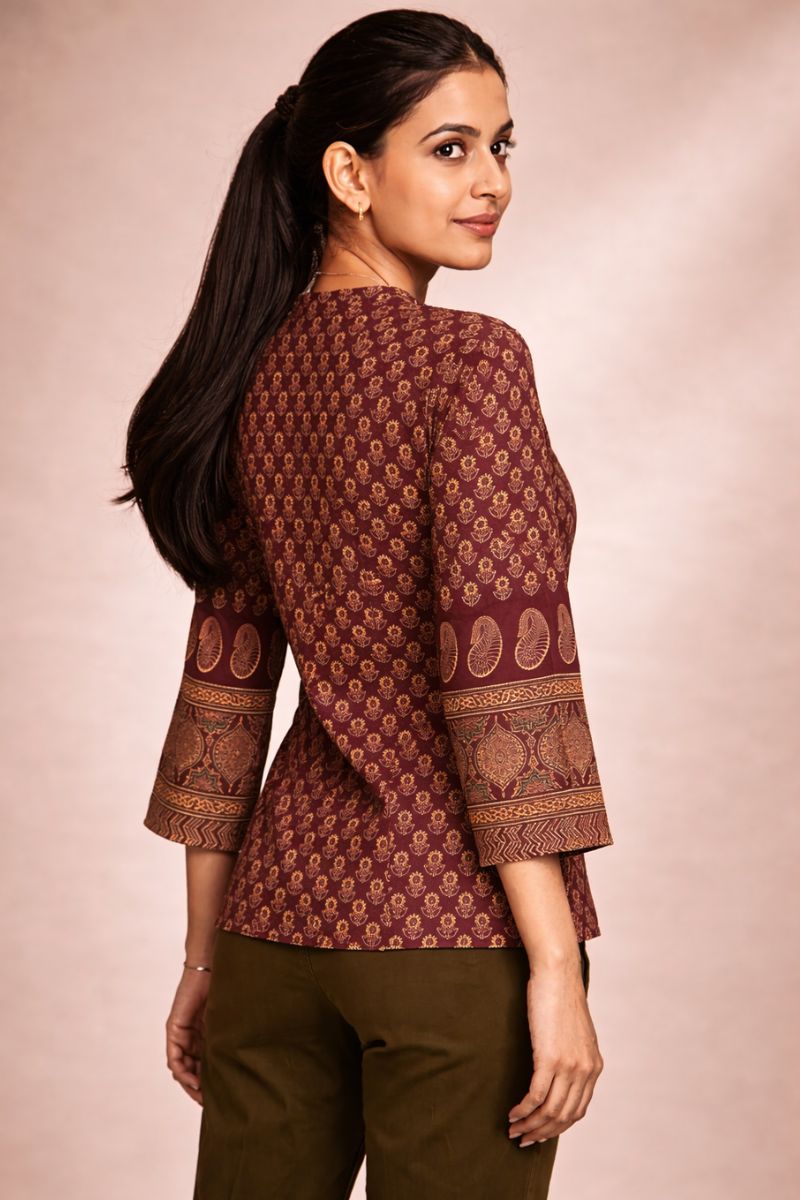 Coffee Brown Ajrakh Block Print Cotton Short Kurti Top with Designer Sleeves RTI