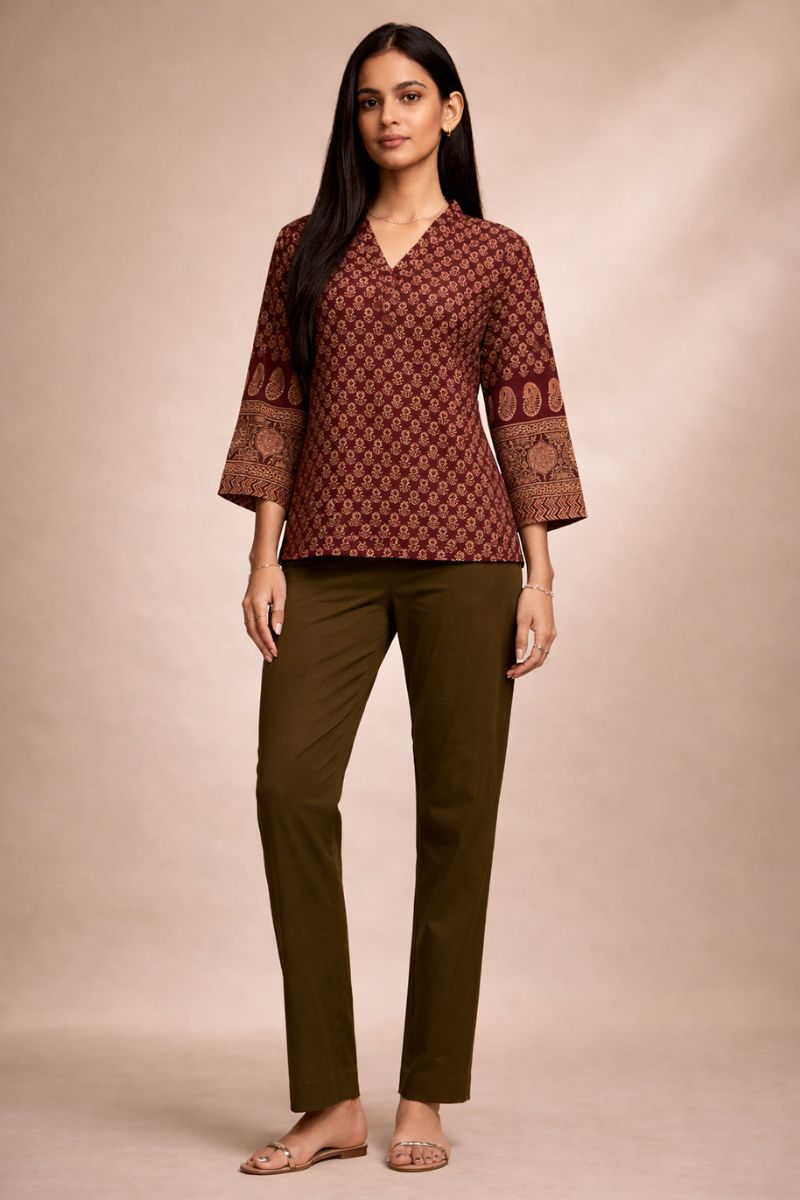 Coffee Brown Ajrakh Block Print Cotton Short Kurti Top with Designer Sleeves RTI