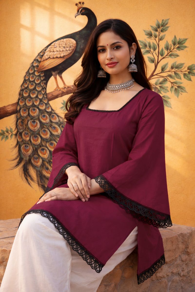 Maroon Ajrakh Block Print Cotton Short Kurti Top with Designer Sleeves RTI