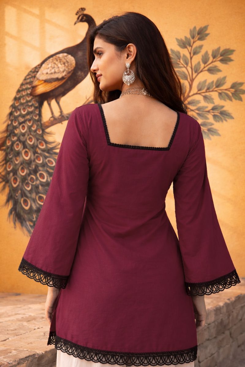 Maroon Ajrakh Block Print Cotton Short Kurti Top with Designer Sleeves RTI