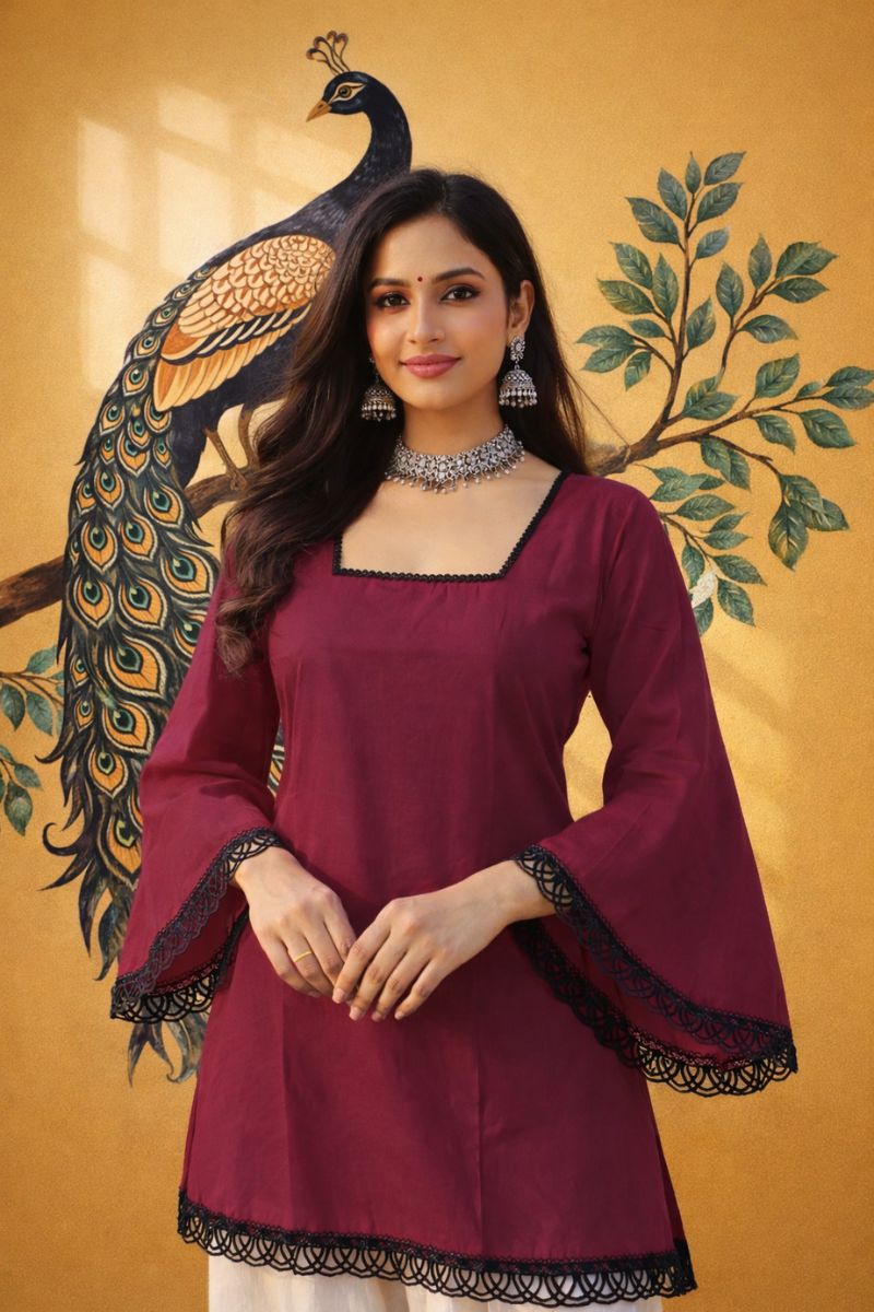 Maroon Ajrakh Block Print Cotton Short Kurti Top with Designer Sleeves RTI