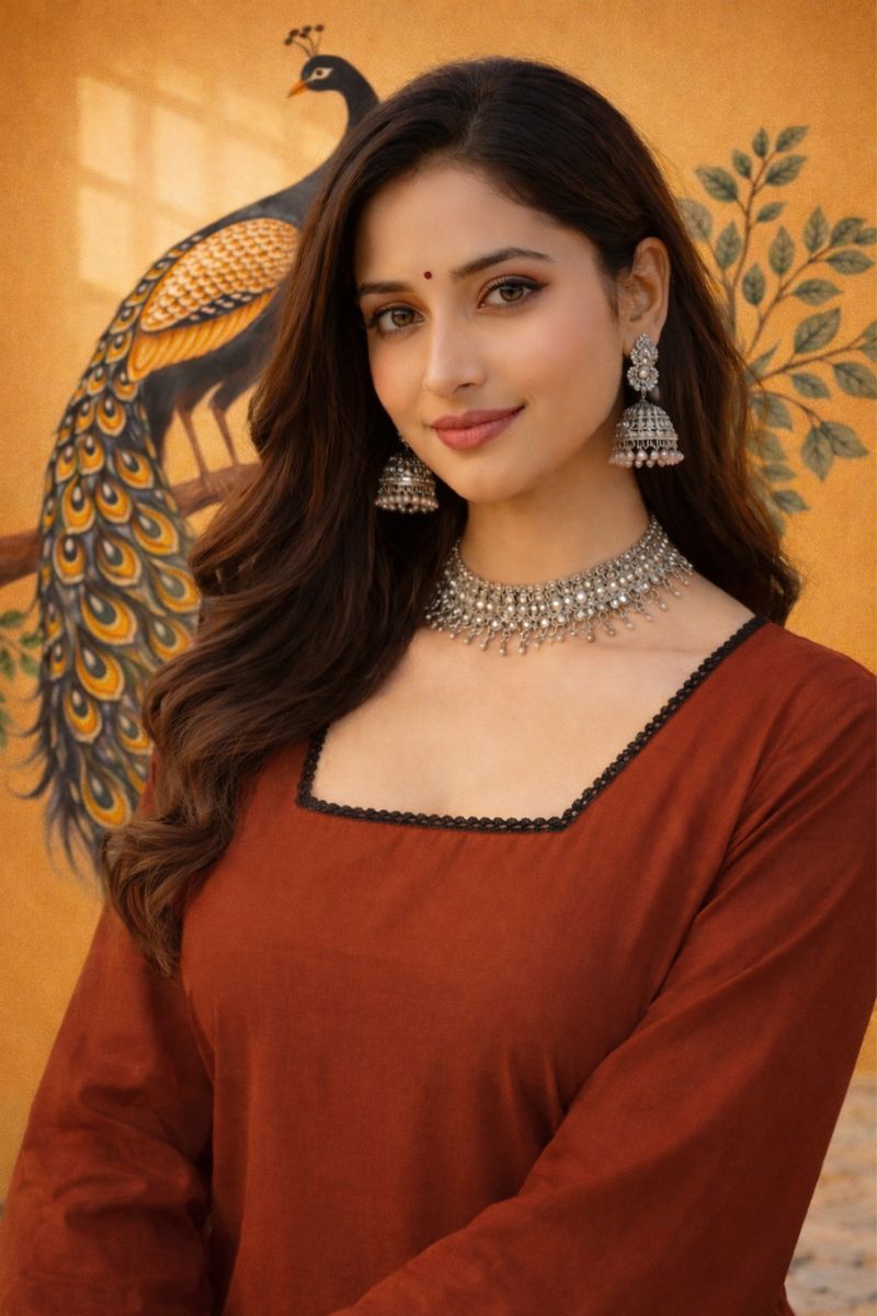 Red Ajrakh Block Print Cotton Short Kurti Top with Designer Sleeves RTI