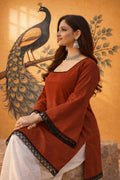 Red Ajrakh Block Print Cotton Short Kurti Top with Designer Sleeves RTI