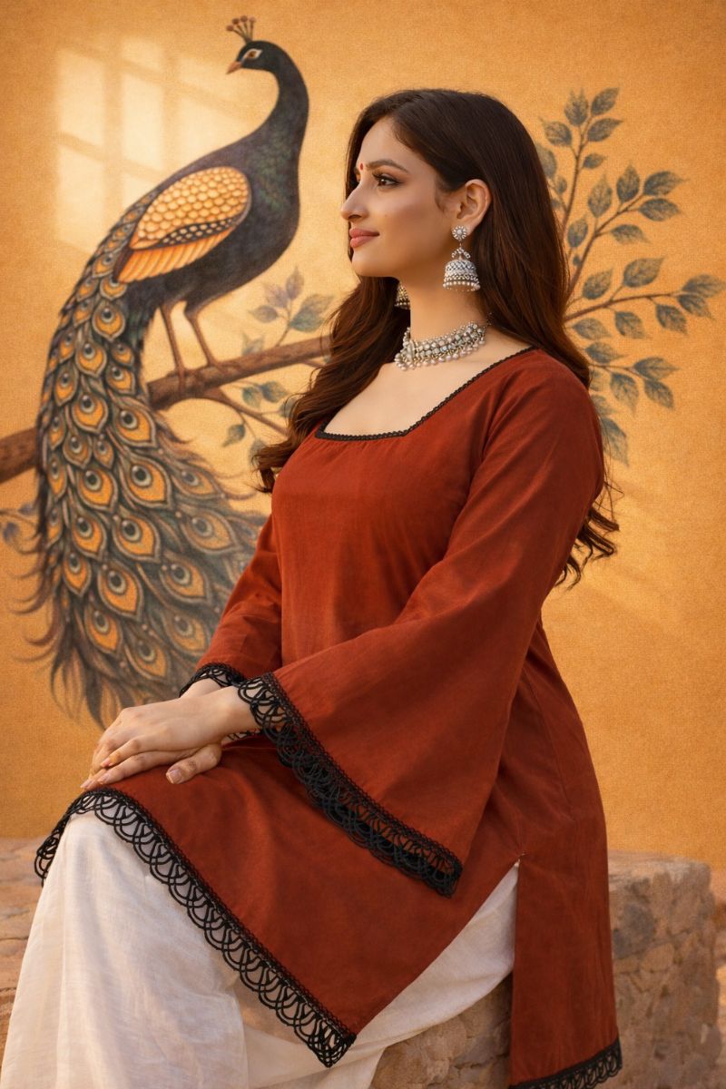Red Ajrakh Block Print Cotton Short Kurti Top with Designer Sleeves RTI