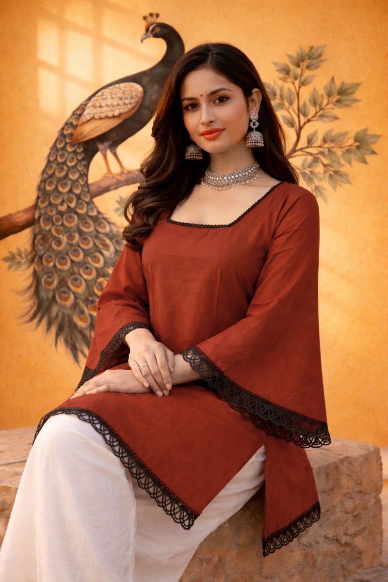 Red Ajrakh Block Print Cotton Short Kurti Top with Designer Sleeves RTI