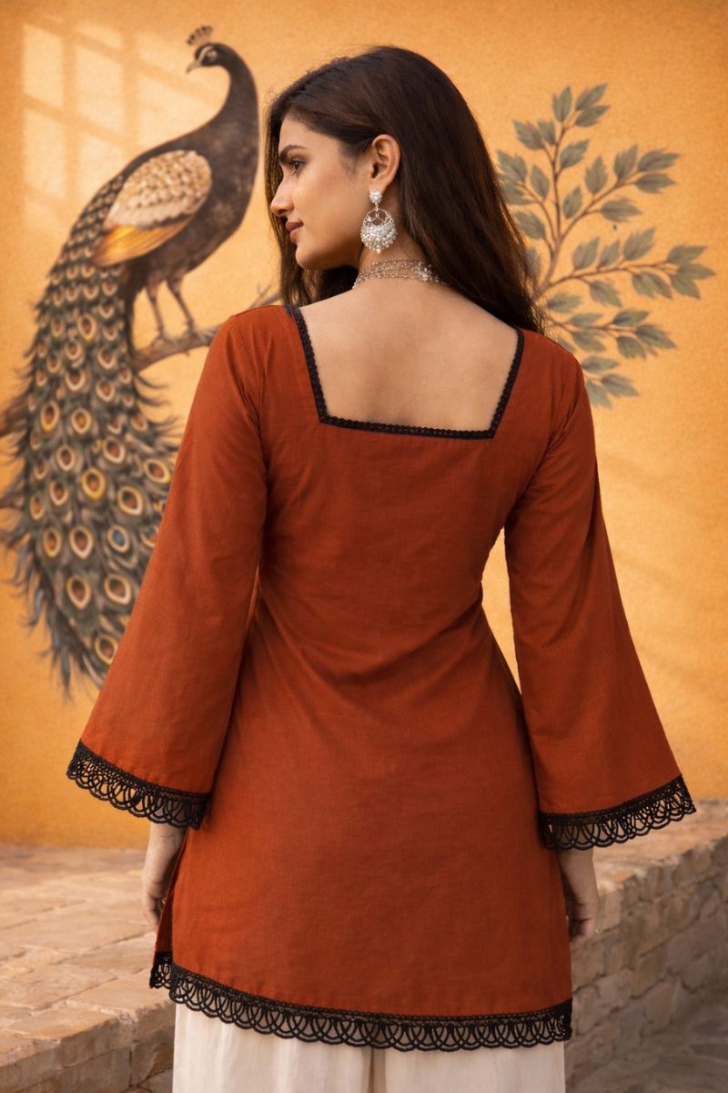 Red Ajrakh Block Print Cotton Short Kurti Top with Designer Sleeves RTI