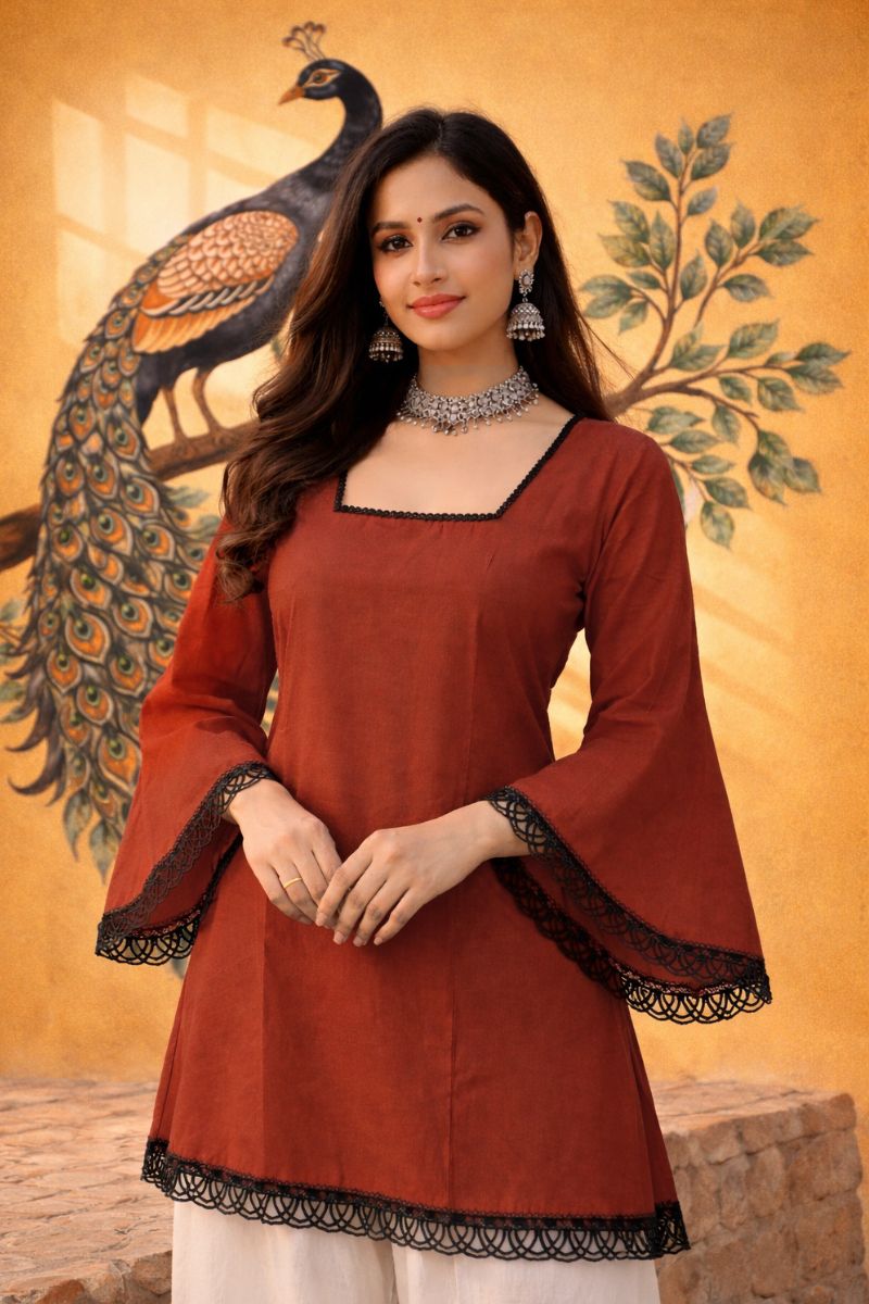 Red Ajrakh Block Print Cotton Short Kurti Top with Designer Sleeves RTI