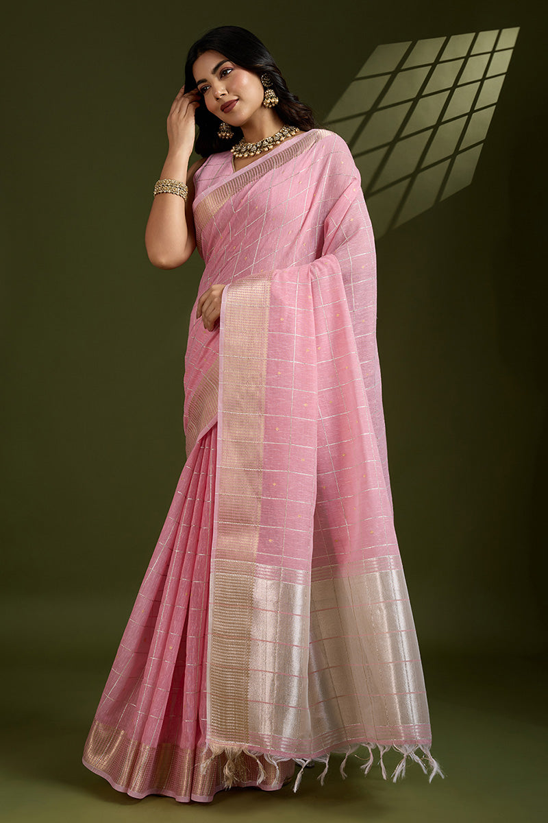 Delicate Gajari Linen Saree with Subtle Grid & Gold Border PR