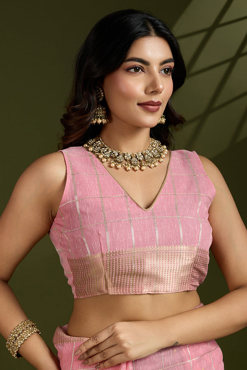 Delicate Gajari Linen Saree with Subtle Grid & Gold Border PR